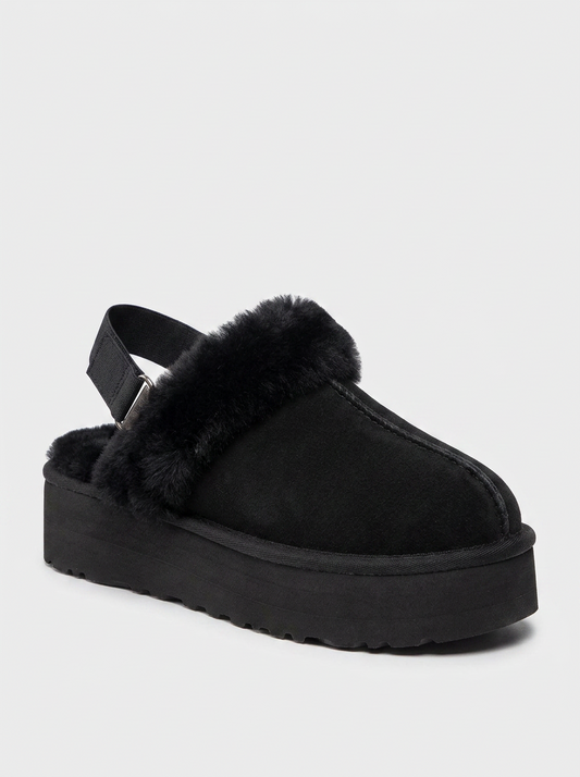 Olessa - Black Genuine Leather Suede Fur-Lined Slipper (Women)