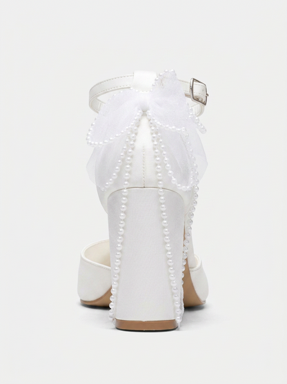 Elvienne Pointed Toe Bow Detail Block Heel Bridal Sandals