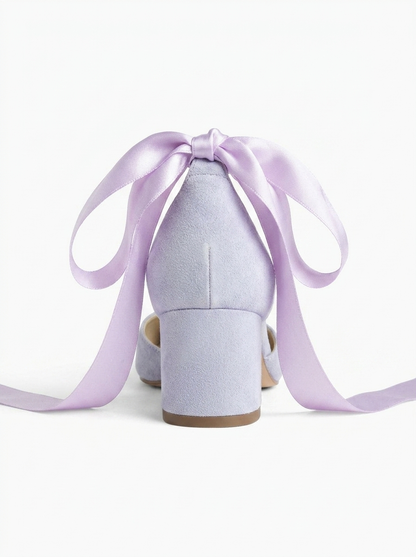 Fiona - Lilac Suede Heels With Tulle Ribbon