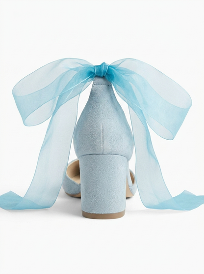 Fiona - Blue Suede Heels With Tulle Ribbon