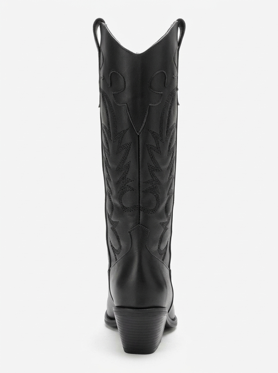 MATIAS - Bota western bordada con tacón de bloque de cuero auténtico negro (Mujer)