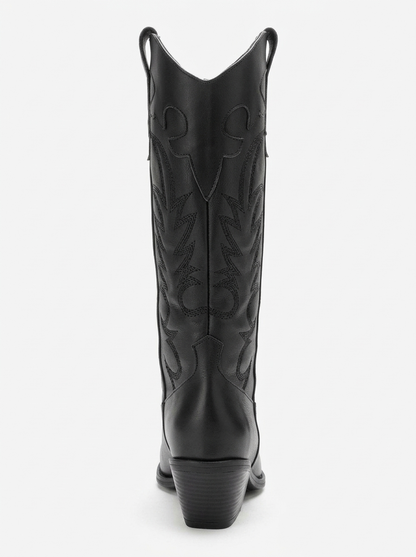 MATIAS - Bota western bordada con tacón de bloque de cuero auténtico negro (Mujer)