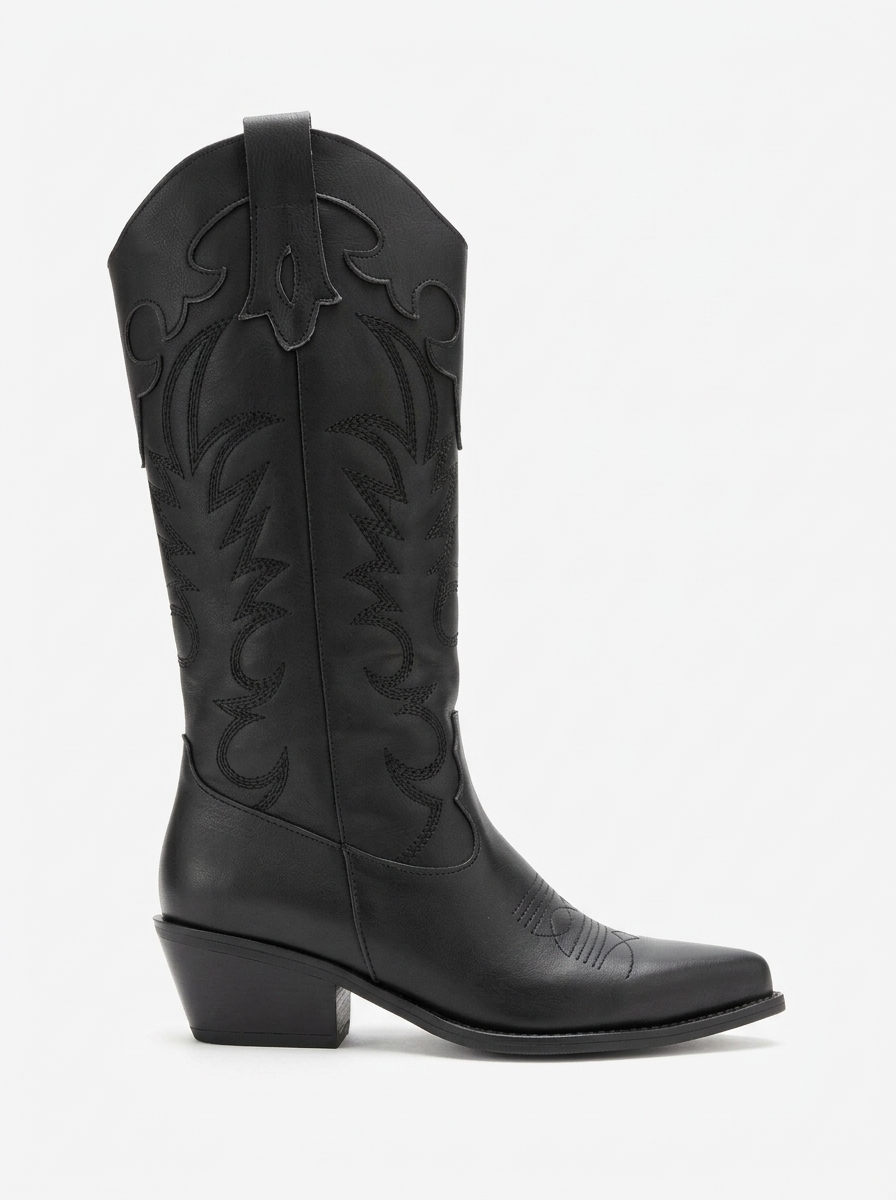 MATIAS - Bota western bordada con tacón de bloque de cuero auténtico negro (Mujer)