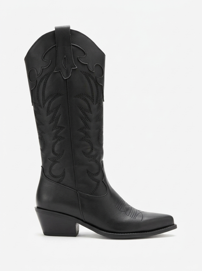 MATIAS - Bota western bordada con tacón de bloque de cuero auténtico negro (Mujer)