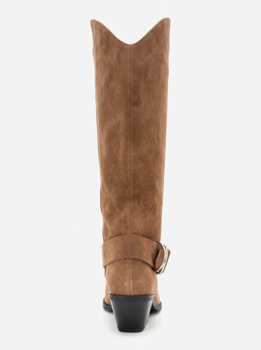 HELIOS - Bota Vaquera de Rodilla con Tacón Bloque de Piel Genuina Color Topo (Mujer)