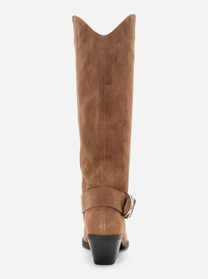 HELIOS - Bota Vaquera de Rodilla con Tacón Bloque de Piel Genuina Color Topo (Mujer)
