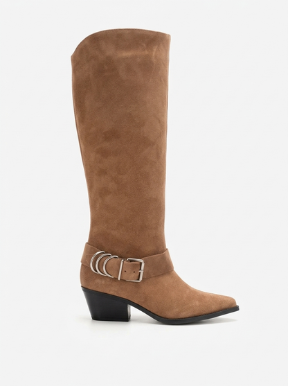 HELIOS - Bota Vaquera de Rodilla con Tacón Bloque de Piel Genuina Color Topo (Mujer)