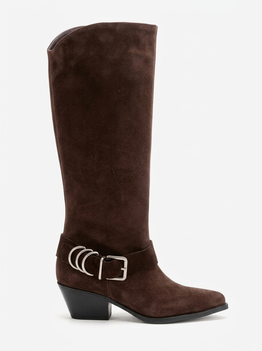 HELIOS - Brown Genuine Leather Block Heel Knee-High Western Boot (Women)