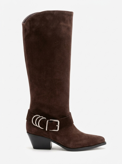 HELIOS - Brown Genuine Leather Block Heel Knee-High Western Boot (Women)