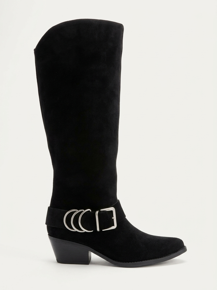 HELIOS - Black Genuine Leather Block Heel Knee-High Western Boot (Women)
