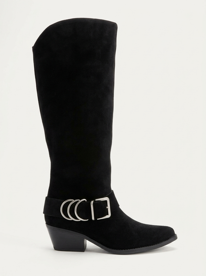 HELIOS - Black Genuine Leather Block Heel Knee-High Western Boot (Women)