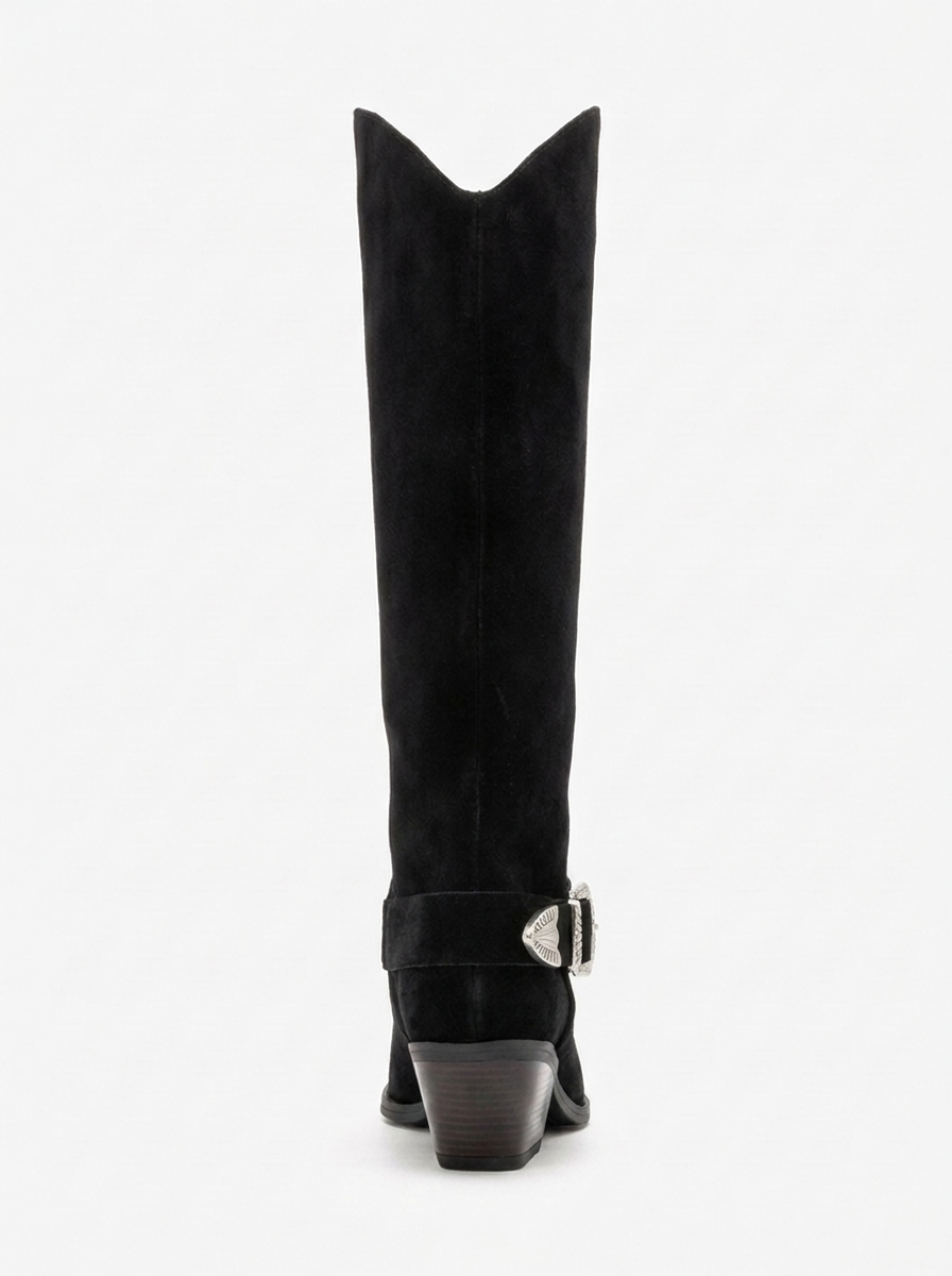 HELIOS - Black Genuine Leather Block Heel Knee-High Western Boot (Women)