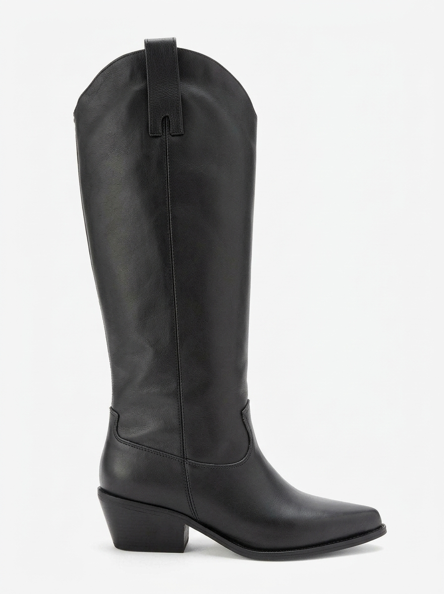 ANIA - Black Genuine Leather Block Heel Knee-High Boot (Women)