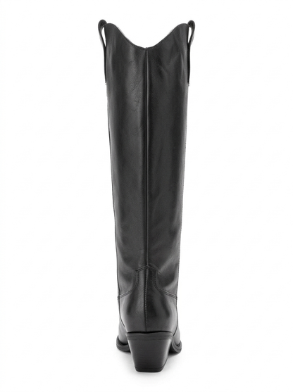 ANIA - Black Genuine Leather Block Heel Knee-High Boot (Women)