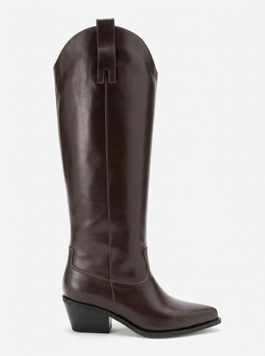 ANIA - Bota alta de tacón de bloque de cuero genuino marrón (Mujer)