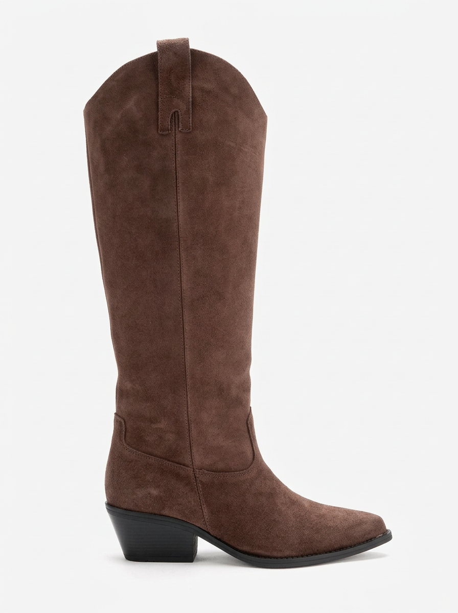 ANIA - Brown Genuine Suede Leather Block Heel Knee-High Boot (Women)
