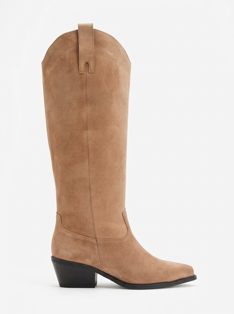 ANIA - Taupe Genuine Suede Leather Block Heel Knee-High Boot (Women)