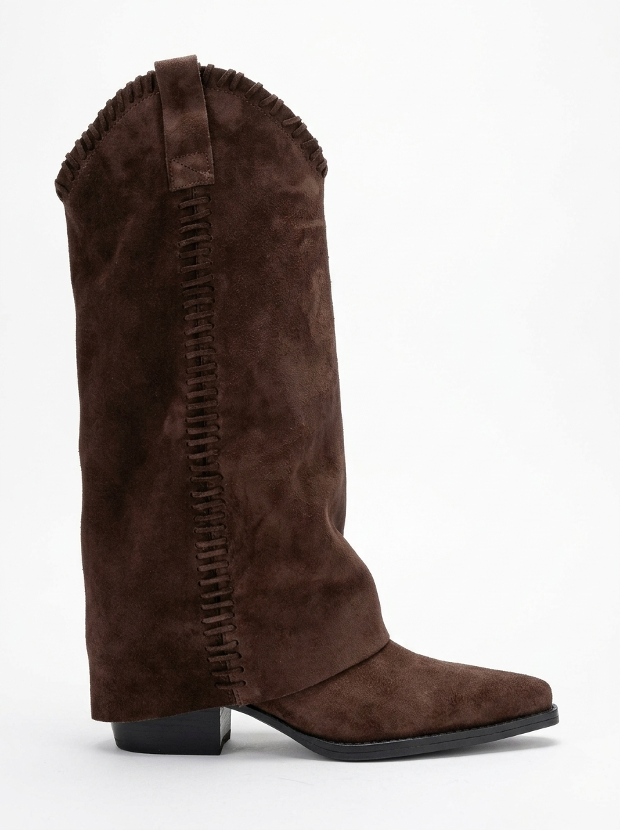 VELIN - Brown Suede Genuine Leather Block Heel Western Boot (Women)