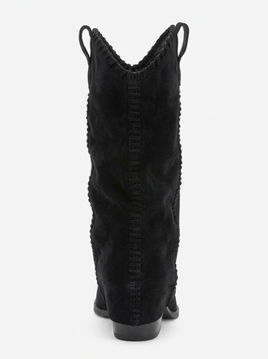 VELIN - Black Suede Genuine Leather Block Heel Western Boot (Women)