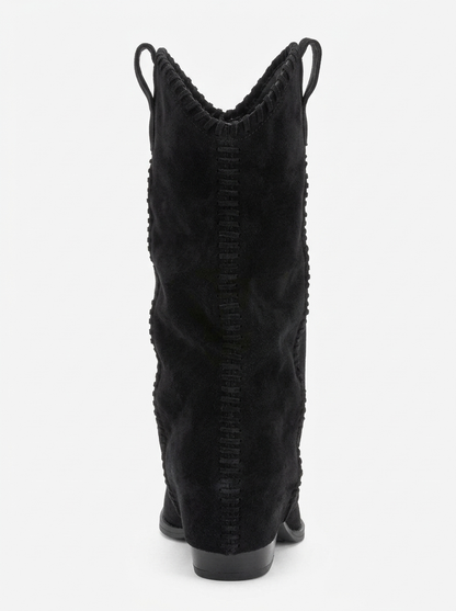 VELIN - Black Suede Genuine Leather Block Heel Western Boot (Women)