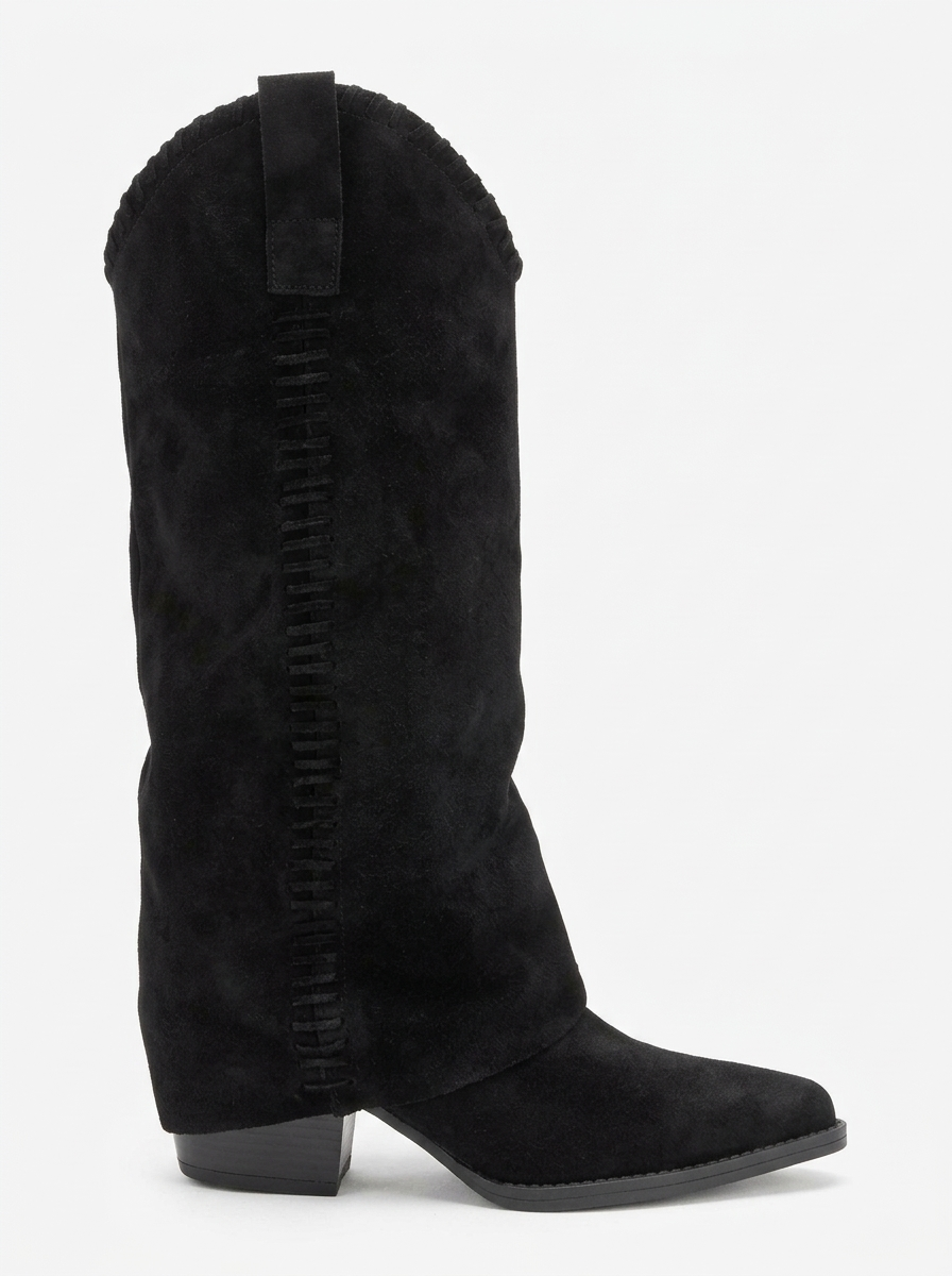VELIN - Black Suede Genuine Leather Block Heel Western Boot (Women)