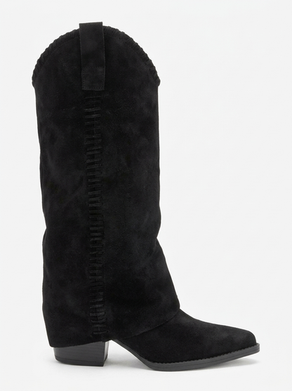 VELIN - Black Suede Genuine Leather Block Heel Western Boot (Women)