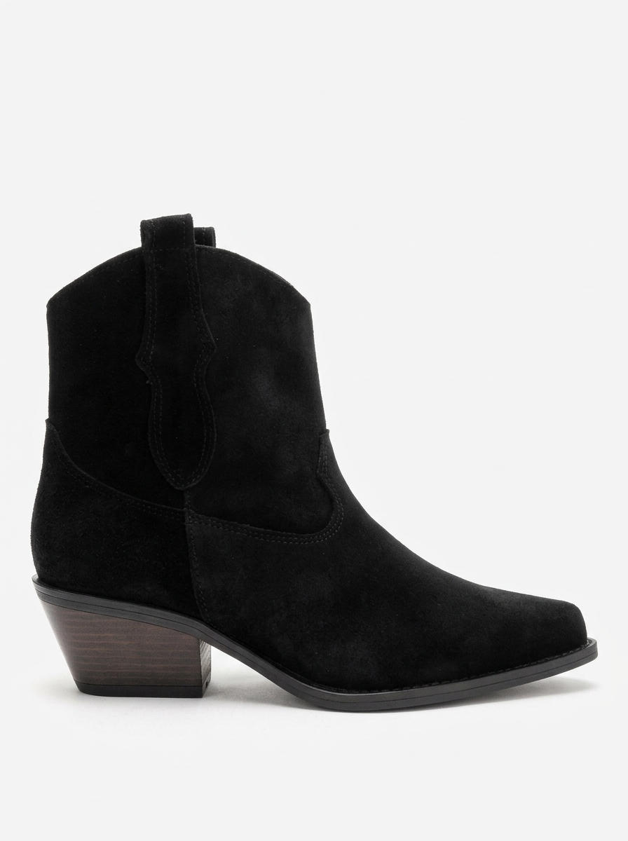 ELIA - Black Genuine Leather Block Heel Western Boot (Women)
