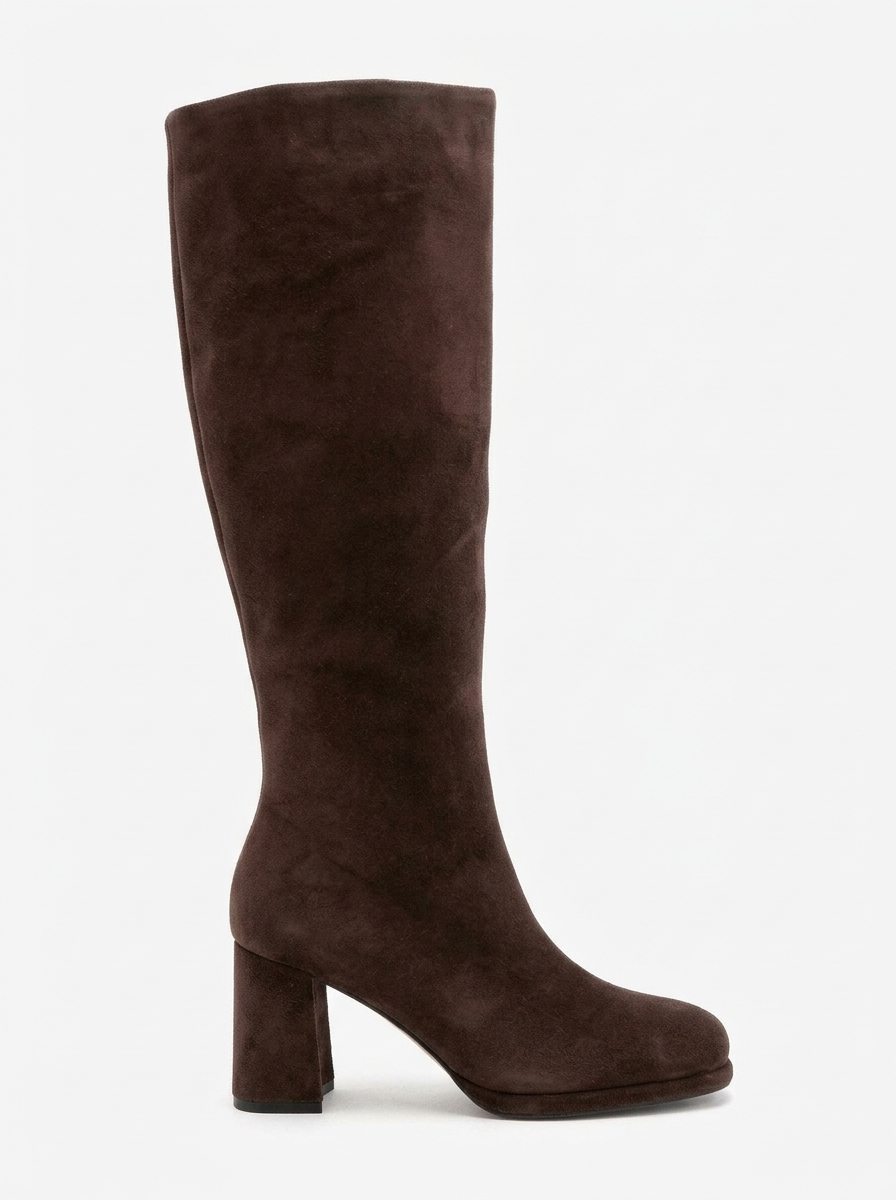 JAVEN - Bota de tacón cuadrado de cuero genuino marrón (Mujer)