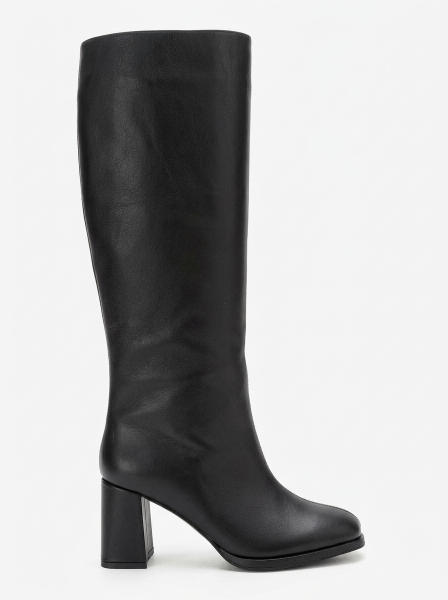 JAVEN - Bota de tacón de bloque de cuero genuino negro (Mujer)