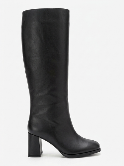 JAVEN - Bota de tacón de bloque de cuero genuino negro (Mujer)
