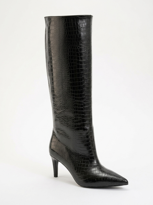 Camila Black Printed Knee High Boot (Women)
