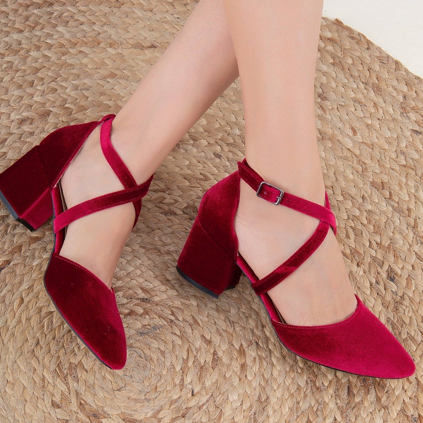 Dolly - Burgundy Velvet Low Heels