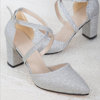 Silver Wedding Shoes, Silver Glitter Wedding Shoes, Silver Bridal Shoes, Silver Block Heels, Sparkling Wedding Heel, Silver Criss Cross Heel