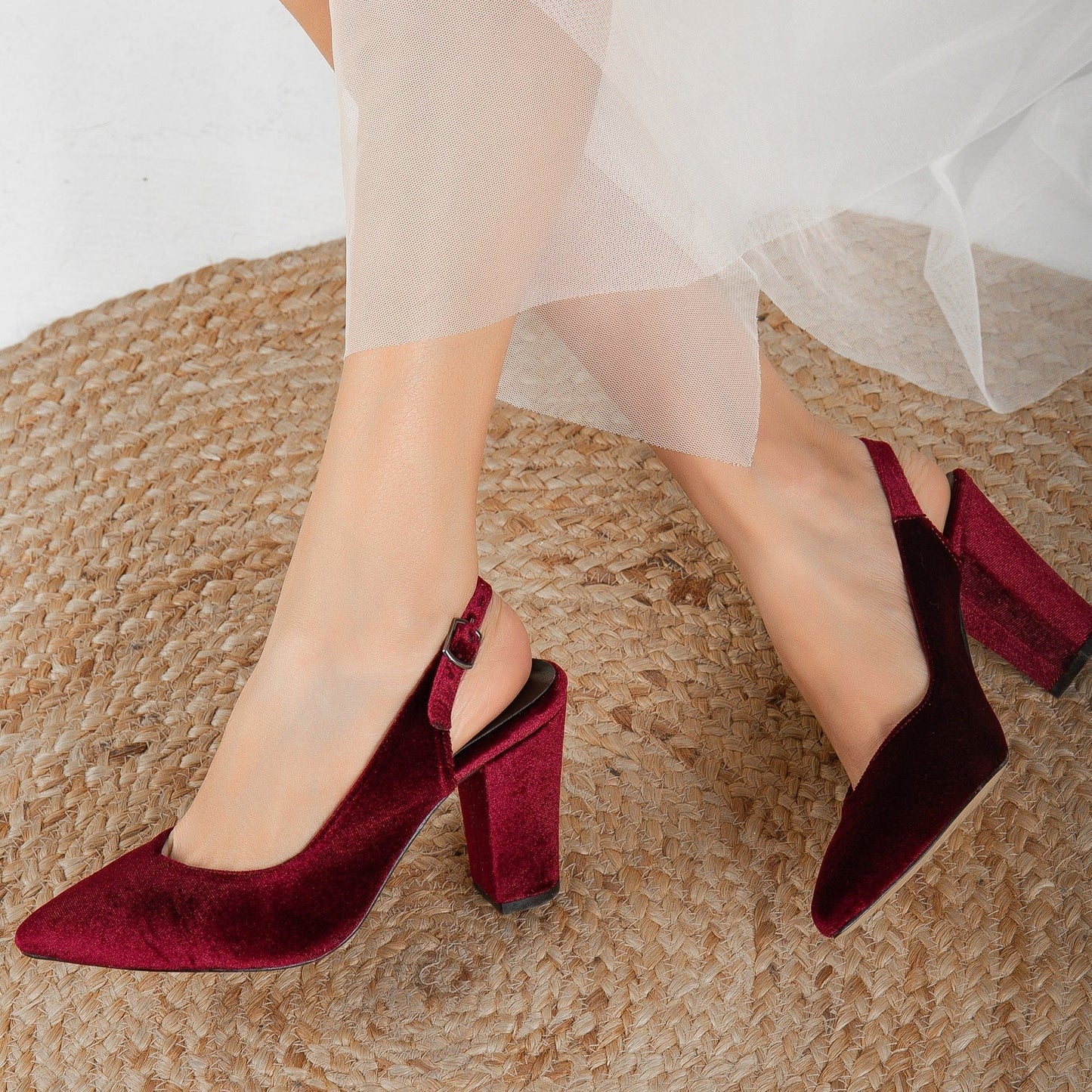 Emma - Burgundy Velvet Slingback Heels