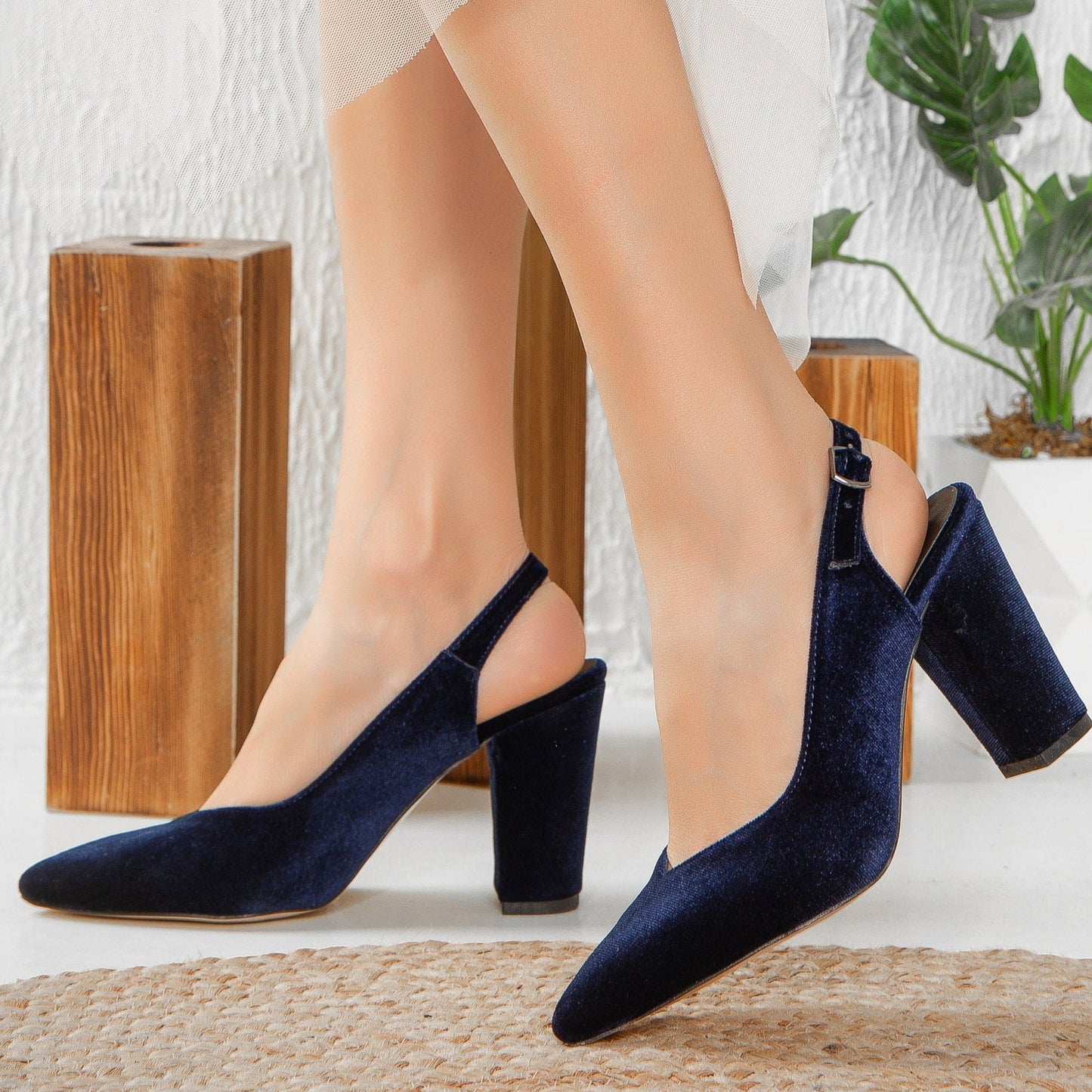 Emma - Dark Blue Velvet Slingback Shoes