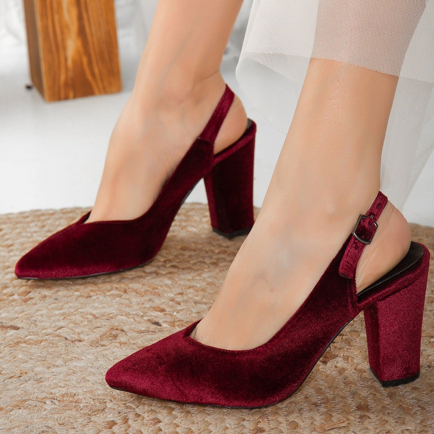 Emma - Burgundy Velvet Slingback Heels
