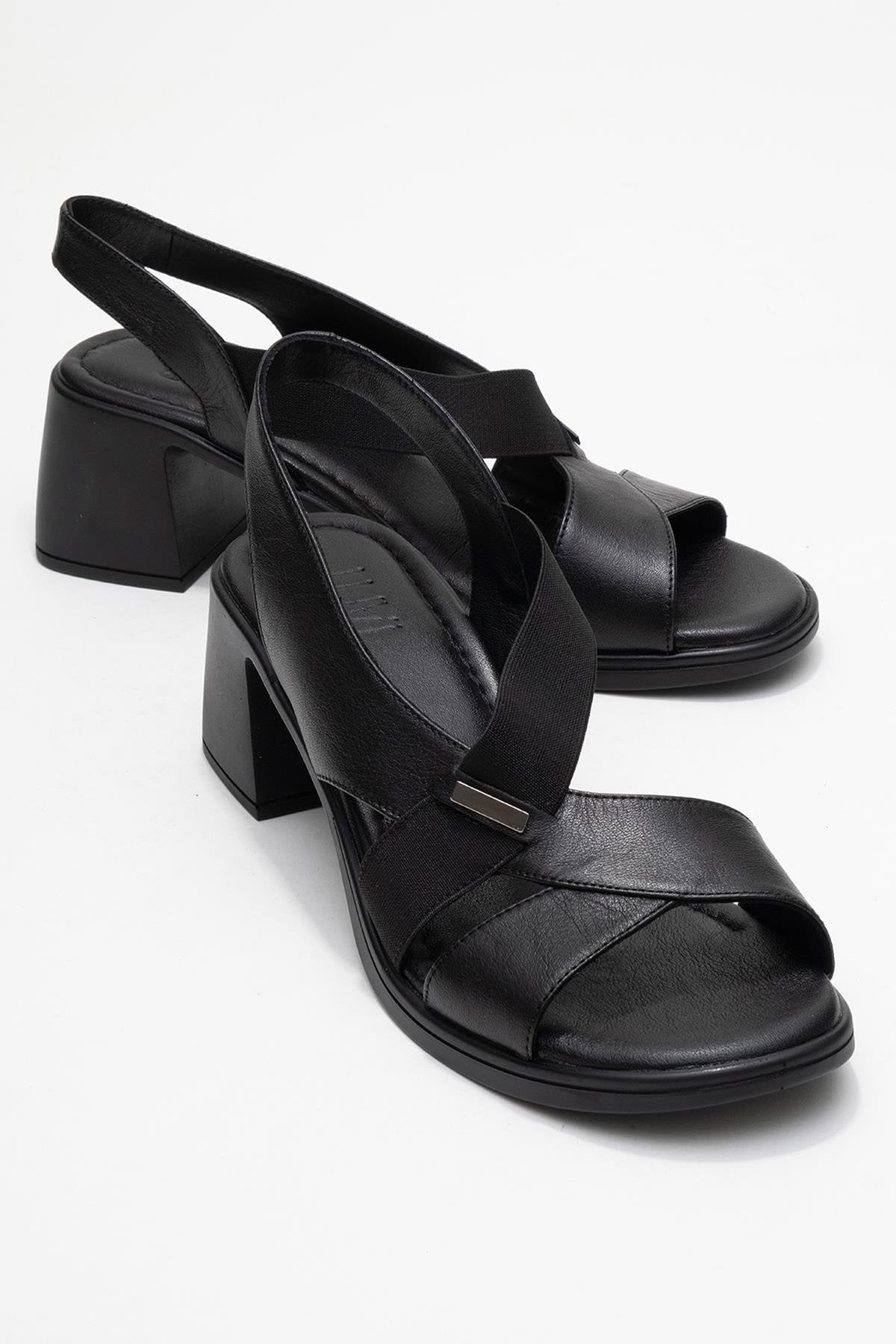 Crina Black Elasticated Leather Chunky Heel Sandal (Women)