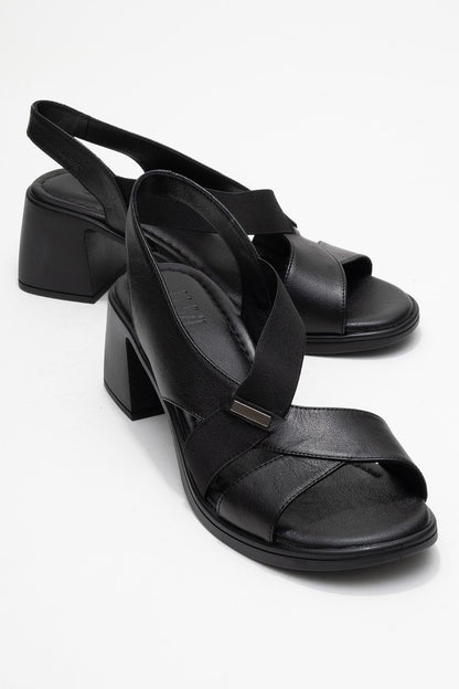 Crina Black Elasticated Leather Chunky Heel Sandal (Women)