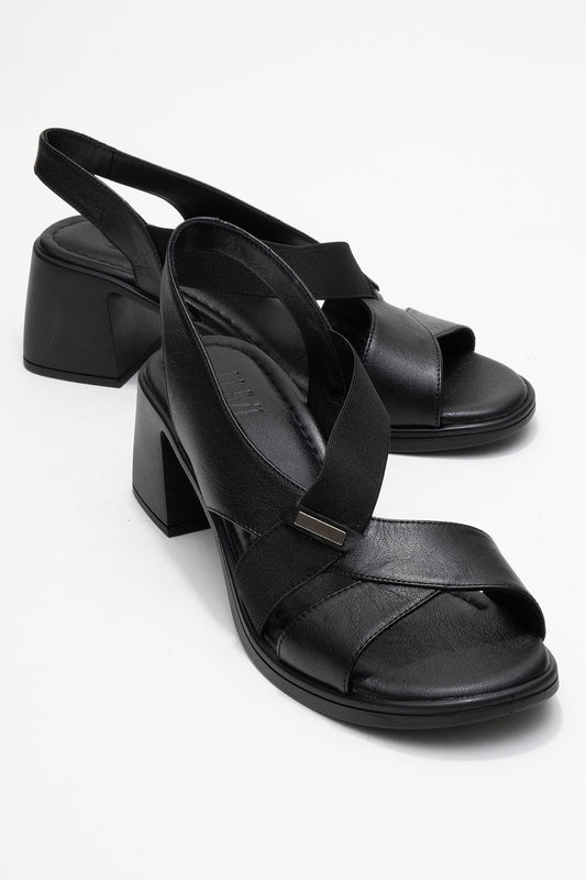 Crina Black Elasticated Leather Chunky Heel Sandal (Women)