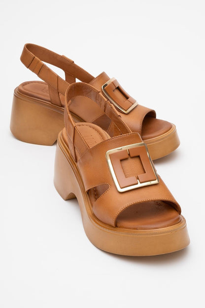 Lucia Cognac Brown Leather Buckle Platform Sandal (Women)