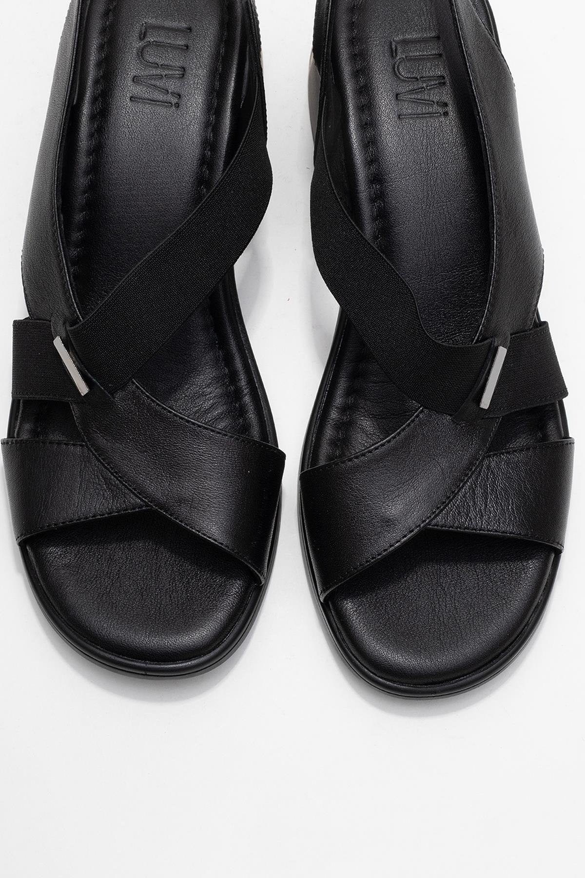 Crina Black Elasticated Leather Chunky Heel Sandal (Women)