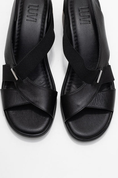 Crina Black Elasticated Leather Chunky Heel Sandal (Women)