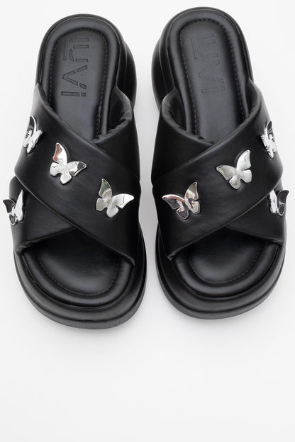 Force Black Butterfly‑Buckle Platform Slide (Women)