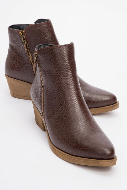 JAYER Brown Leather Double-Zip Block Heel Boot (Women)