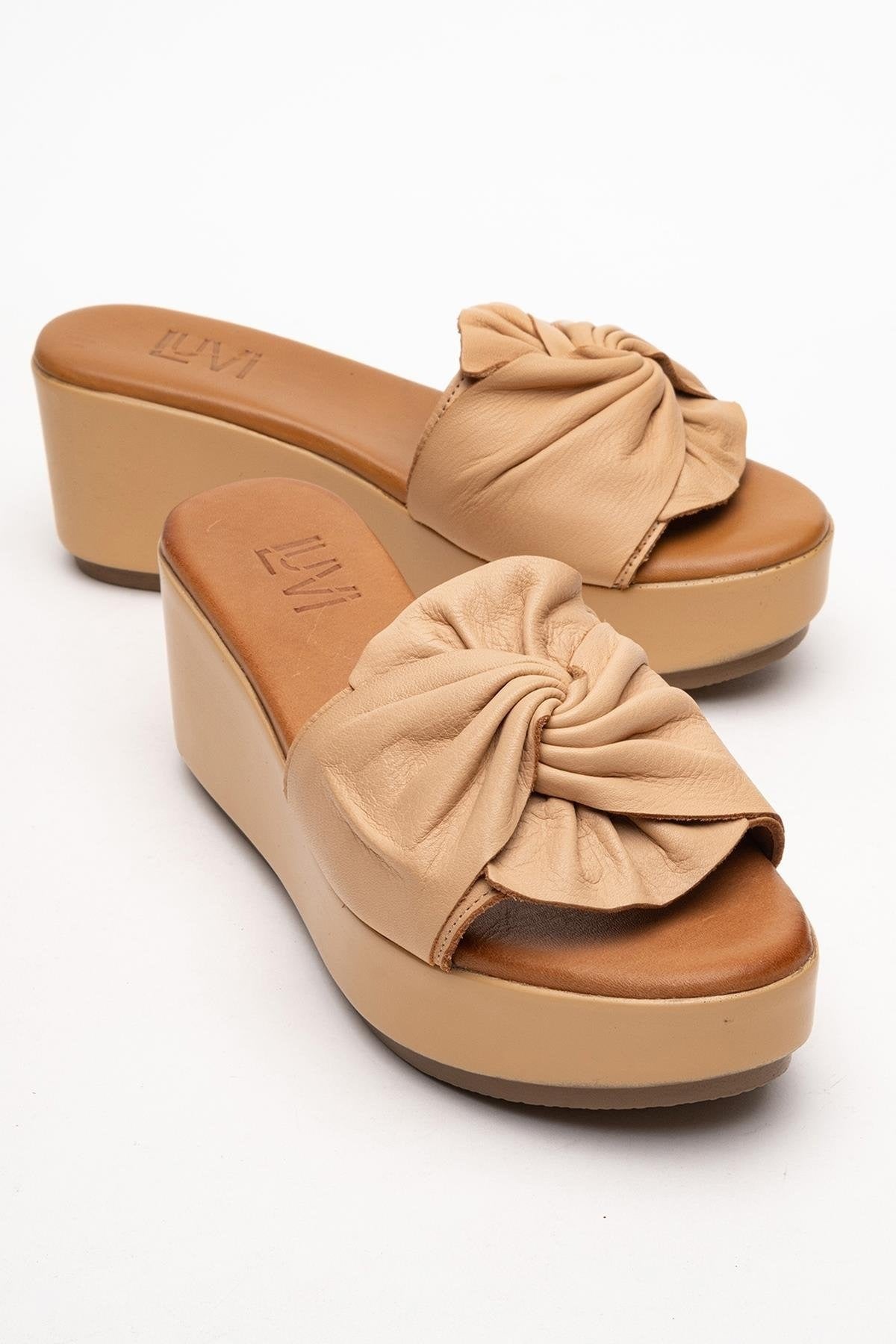 Syndra - Dark Beige Bow Wedge Leather Sandal (Women)