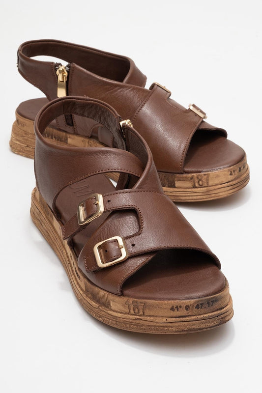 Levine Brown Leather Buckled Side-Zip Sandal (Women)