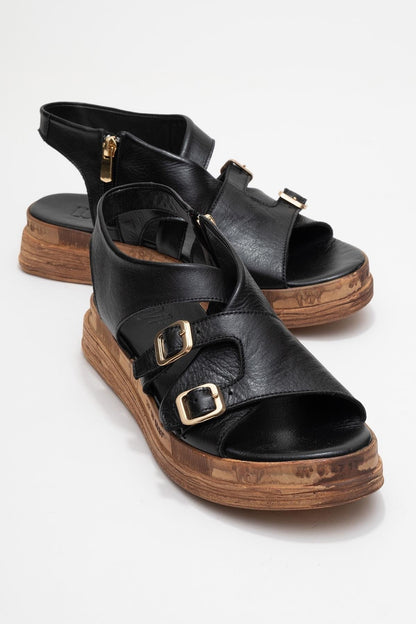 Levine Black Leather Buckled Side-Zip Sandal (Women)