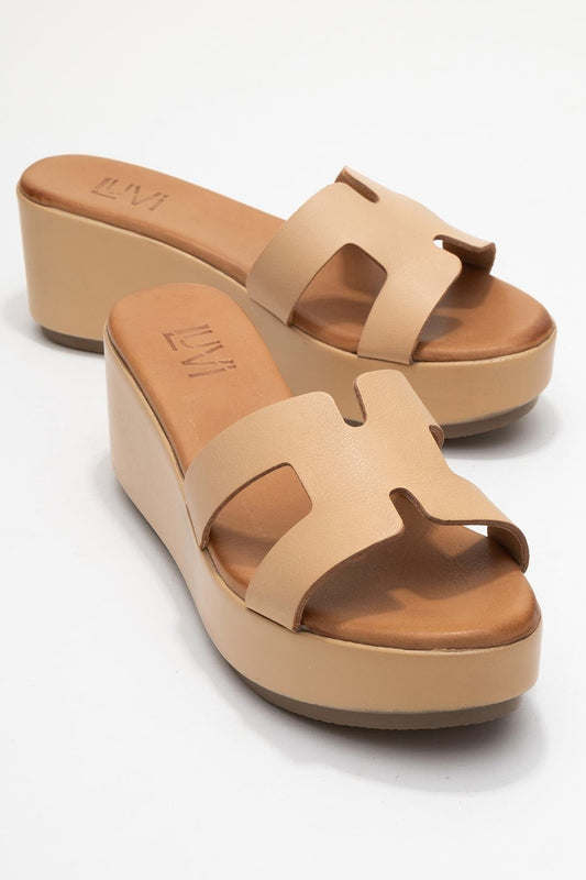 Lia Dark Beige Leather Platform Slide (Women)