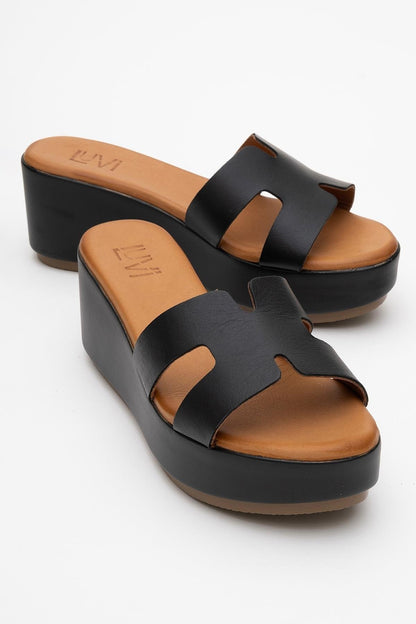 Lia Black Leather Platform Slide (Women)