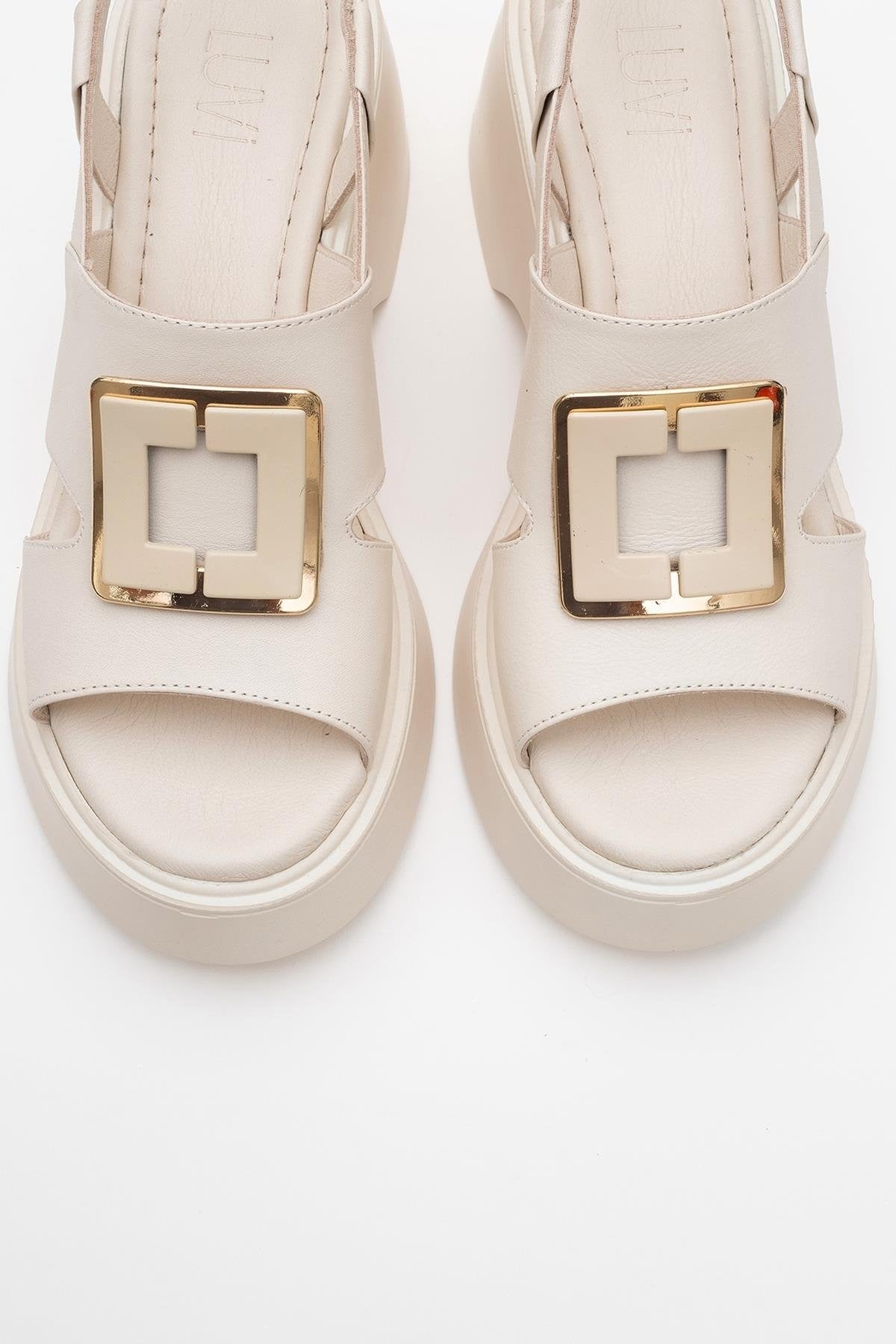 Lucia Beige Leather Buckle Platform Sandal (Women)